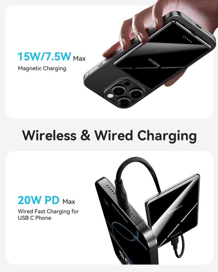 Kuulaa Ultra Slim PowerBank, 5000 mAh, MagSafe Externe Batterie mit Type C 20W Ausgangsleistung, Sch