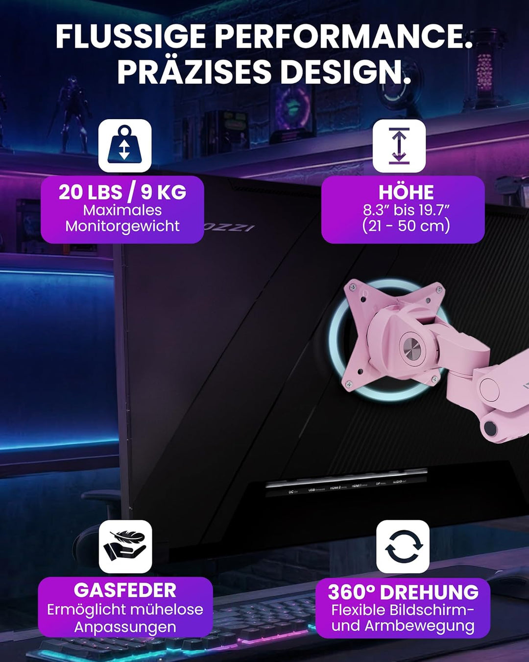 Arozzi Alzare Neo Duo Monitorarm mit Gasfeder - 2 Arme, für 43–86 cm Monitore, VESA 75/100, 360° dre