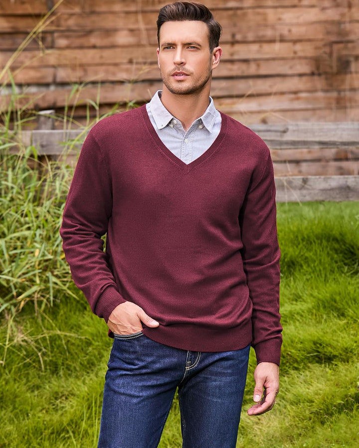 Kallspin Herren Strickpullover aus Wollmischung V-Ausschnitt Langarm Comfort Fit Pullover M Burgund,