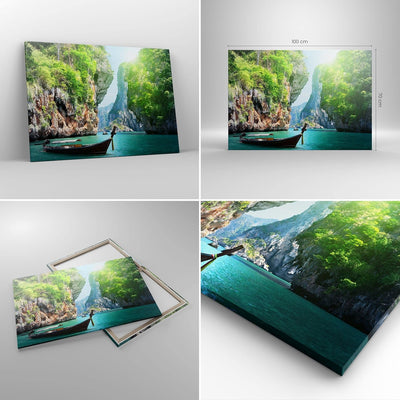 Bilder auf Leinwand 100x70cm Leinwandbild Boot Klippen Natur Felsen Gross Wanddeko Bild Schlafzimmer