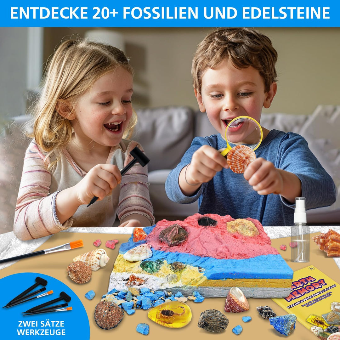 Fossilien &amp; Edelsteine Ausgrabungsset mit Vulkanexperiment, 20+ echte Funde (Geode, Muscheln, Meeres