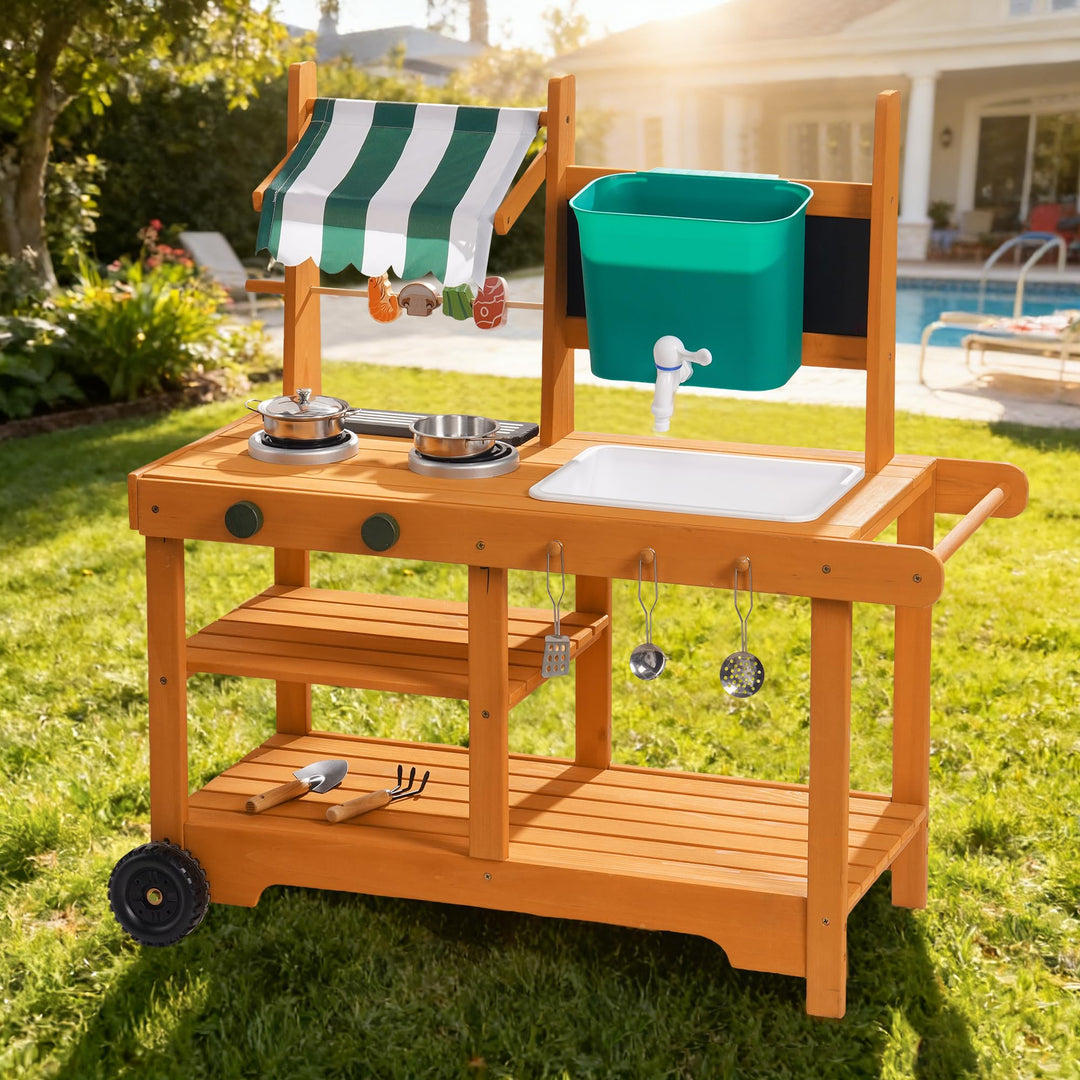 ROBUD Matschküche Kinder Outdoor, Holz Spielküche mit Rädern, Grill, grossem Wassertank & Echtem Was