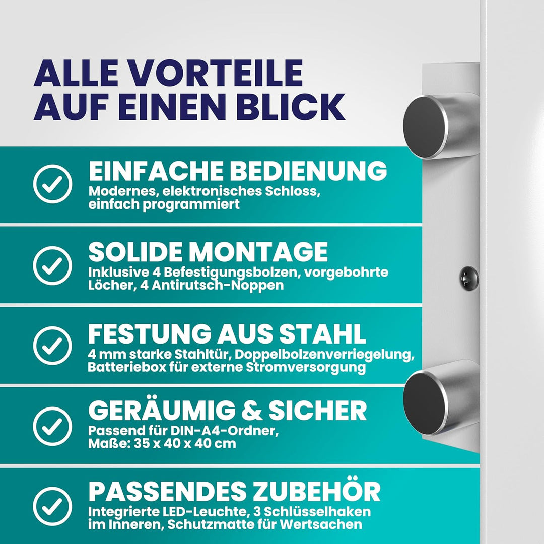 DEUBA® XXL elektr. Tresor 35x40x40cm 4mm Türstärke Doppelstahlbolzen Innenbeleuchtung inkl. Montagem
