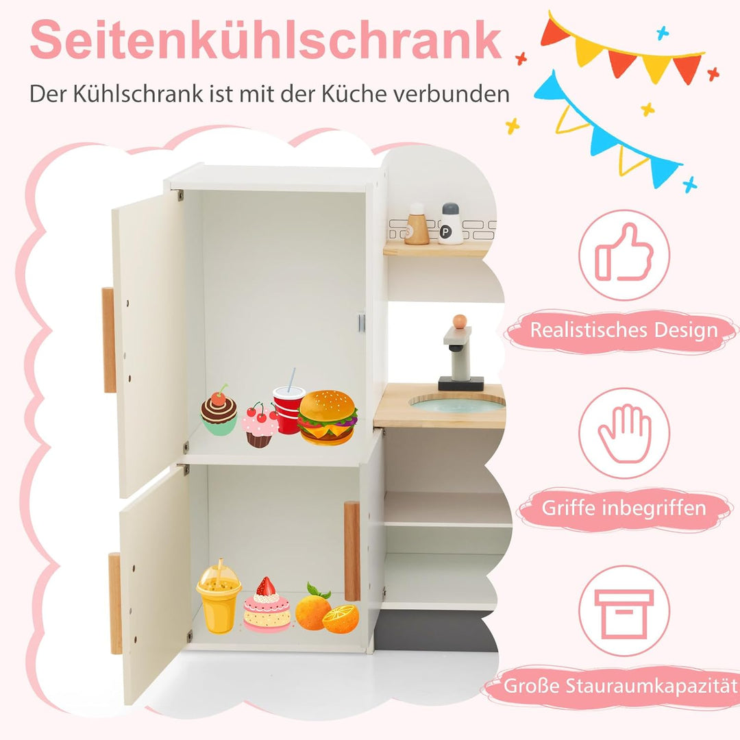 COSTWAY Kinderküche Holz, Spielküche mit Dustabzughaube, Kühlschrank, Wasserhahn & Küchenutensilien,