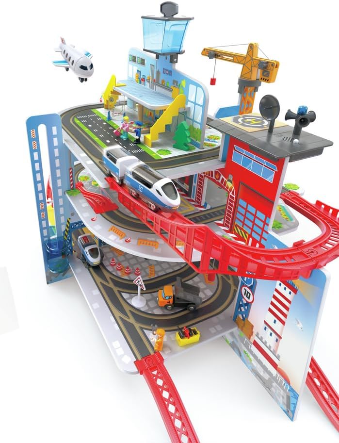 Hape Mega City Eisenbahn Set mit fünf Stockwerken und jeder Menge Zubehör