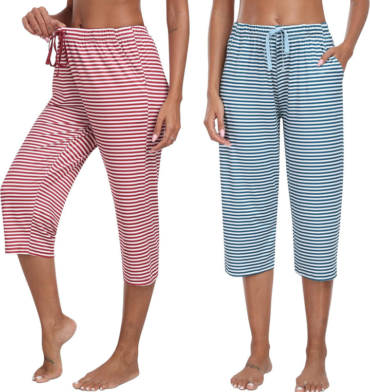 MoFiz Damen Schlafanzughose 3/4 Lang Schlafhose Modal Nachtwäsche Weich Pyjamahose Freizeithose mit