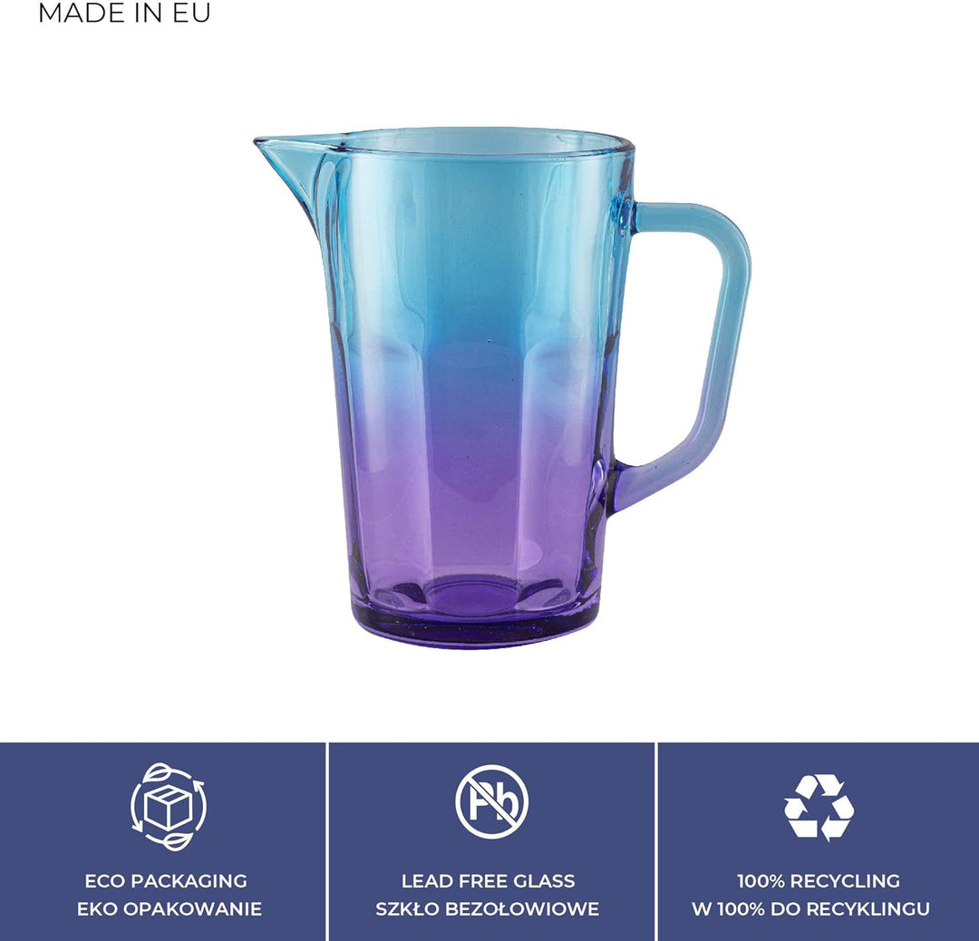 TREND FOR HOME Wasserkaraffe Glas 1 Liter mit Handlichem Griff Bunt Wasserkrug 19 cm Glaskanne Blau