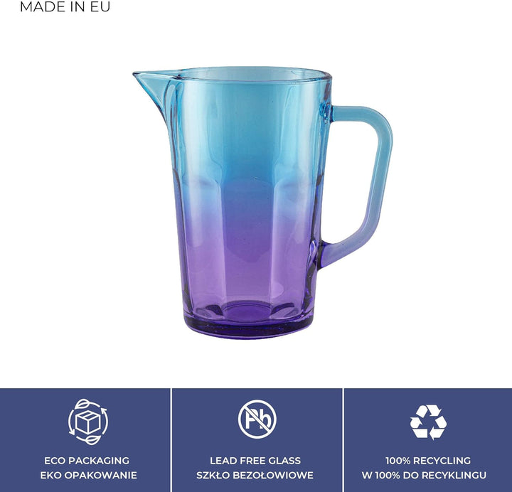 TREND FOR HOME Wasserkaraffe Glas 1 Liter mit Handlichem Griff Bunt Wasserkrug 19 cm Glaskanne Blau
