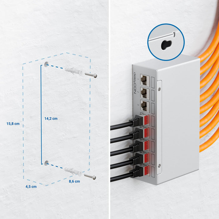 deleyCON 8 Port Patchpanel Set Patchfeld Verteilerfeld 1 HE + 8x RJ45 Keystone Jack Modul STP CAT6a