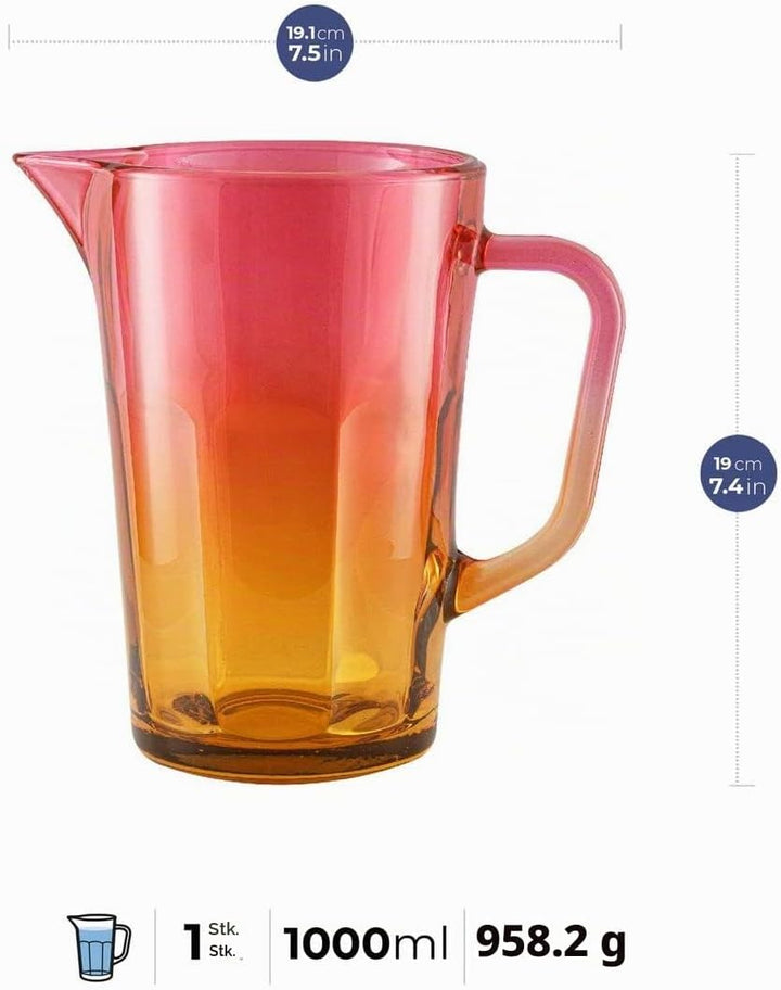 TREND FOR HOME Wasserkaraffe Glas 1 Liter mit Handlichem Griff Bunt Wasserkrug 19 cm Glaskanne Orang