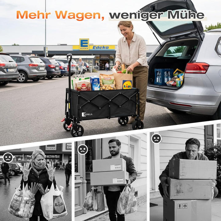 SUNULA Bollerwagen Faltbar Klein 80L 100KG, Faltbarer Bollerwagen Klappbarer Handwagen mit Halbierte