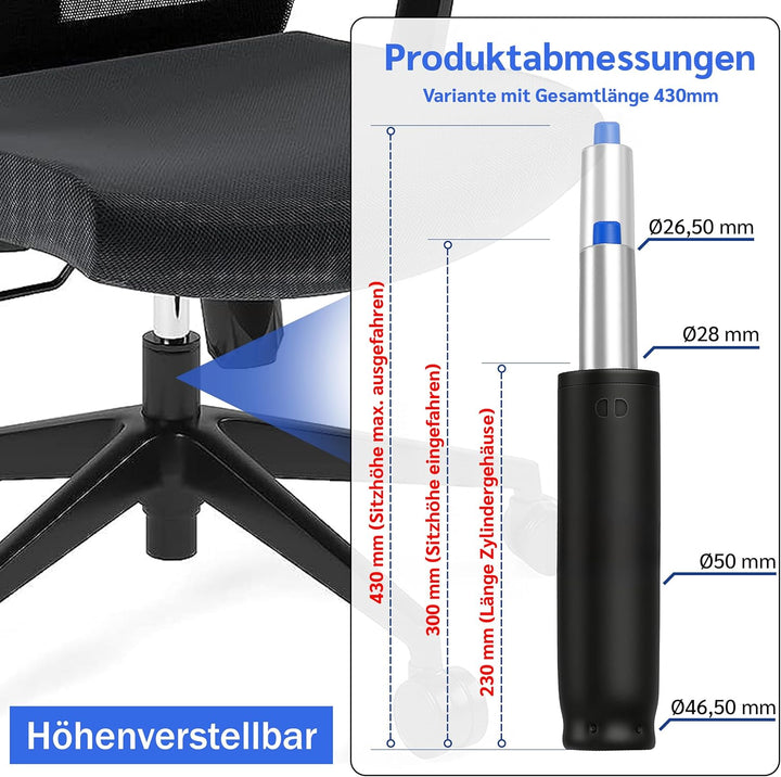 Bemacom Gasdruckfeder für Bürostuhl bis 200kg Belastbarkeit, Länge 430mm Schwarz Ersatz Gasdruckfede