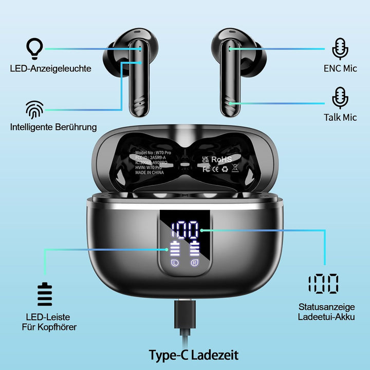 Bluetooth Kopfhörer In Ear, 2026 Kopfhörer Kabellos Bluetooth 5.4 3D-Stereo Tiefer Bass mit 4 ENC Mi