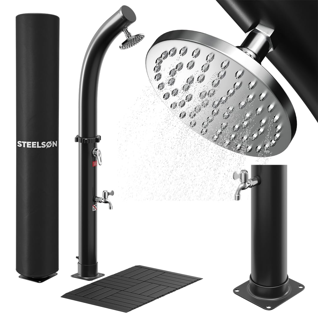 STEELSØN Selara Solardusche 20 L mit Bodenplatte – Gartendusche bis 60° C – Pooldusche gebogen Campi