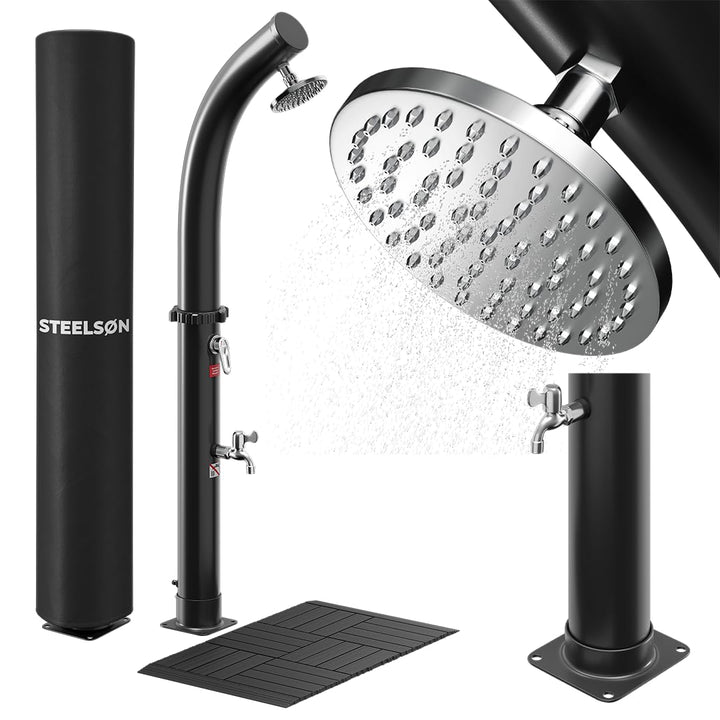 STEELSØN Selara Solardusche 20 L mit Bodenplatte – Gartendusche bis 60° C – Pooldusche gebogen Campi