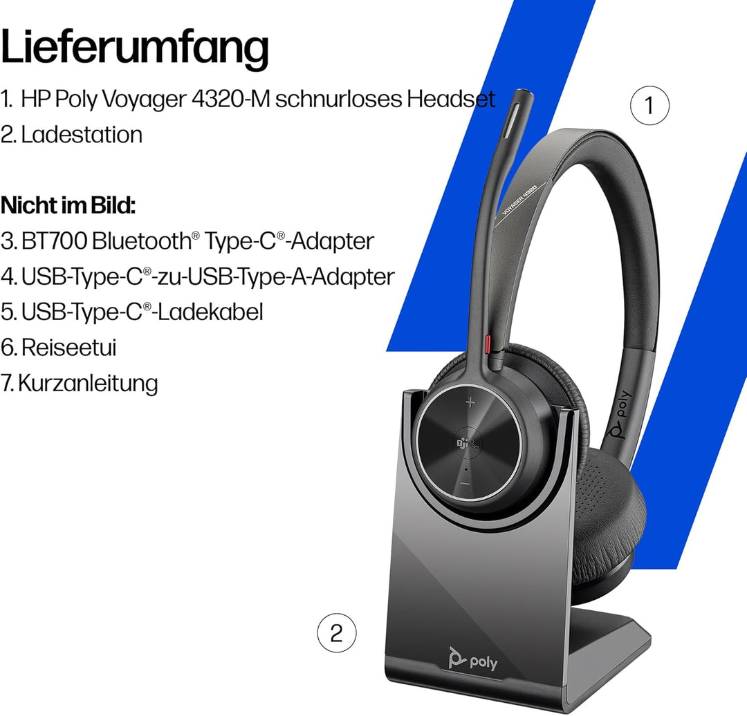 Schnurloses Poly Voyager 4320 UC-Headset und Ladestation – Stereo-Kopfhörer mit Noise Cancelling-Mik