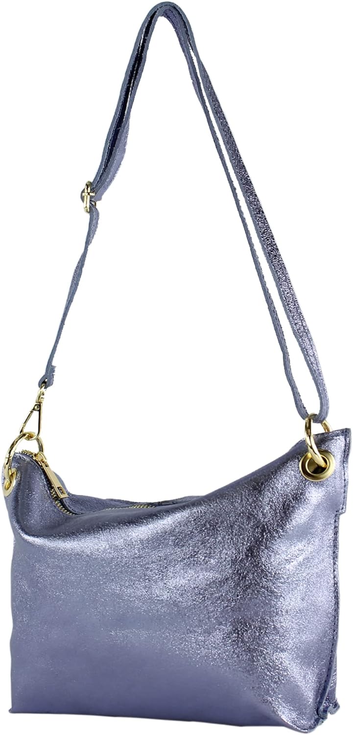 modamoda de - T243 - ital. Umhängetasche Klein Small aus Leder Pastellviolett Metallic, Pastellviole