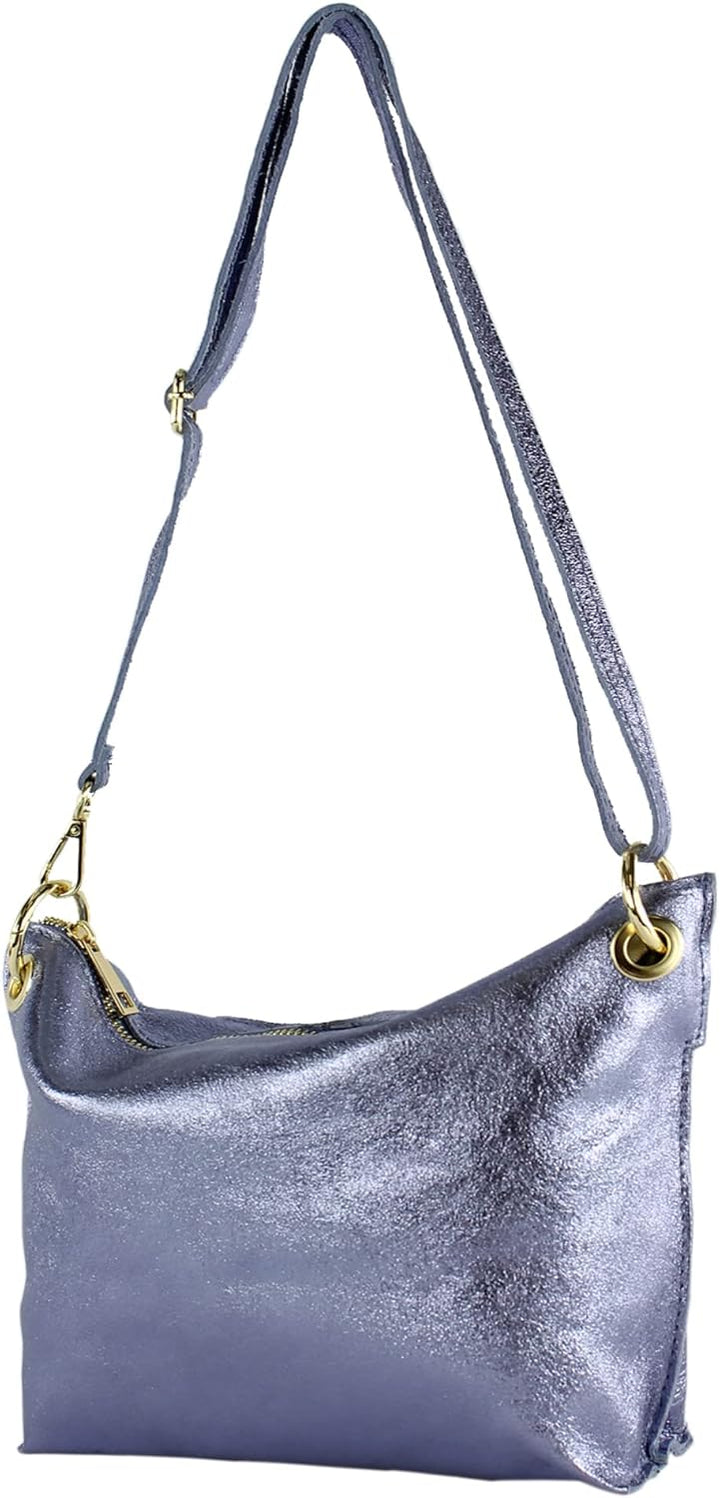 modamoda de - T243 - ital. Umhängetasche Klein Small aus Leder Pastellviolett Metallic, Pastellviole