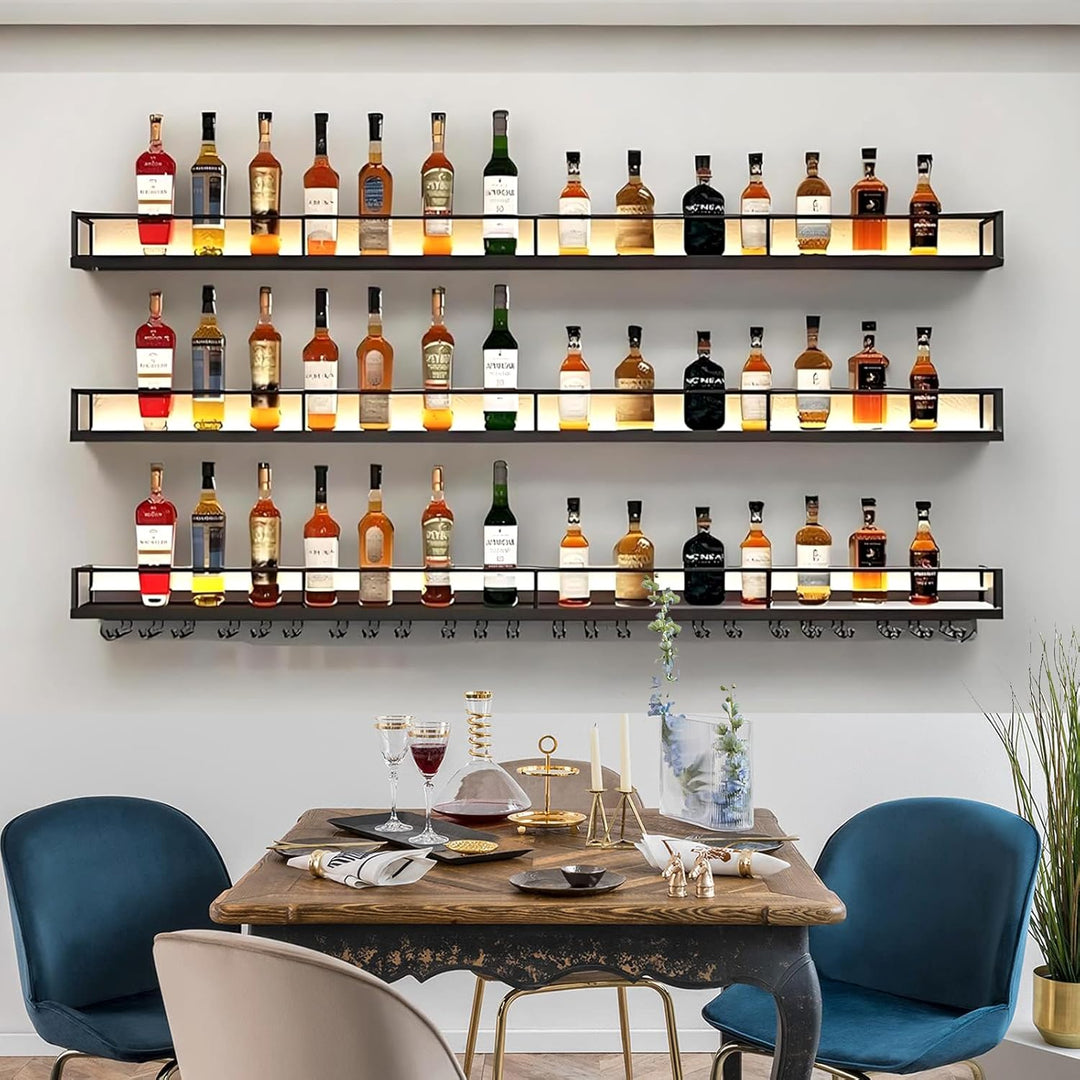 Modernes Wand Weinregal Metall, 3 Ebenen Wandmontage Wine Display-Ständer mit Glashalter, Schwebende