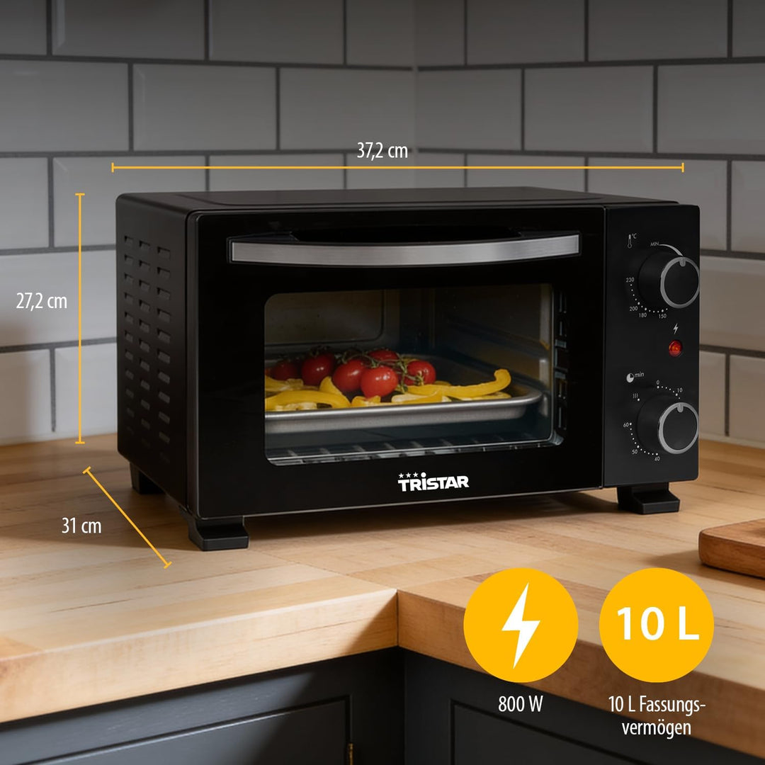 Kompakter Mini-Ofen 10 L, 800 W, Einstellbarer Thermostat, 60-Minuten-Timer, Doppelglastür für viels