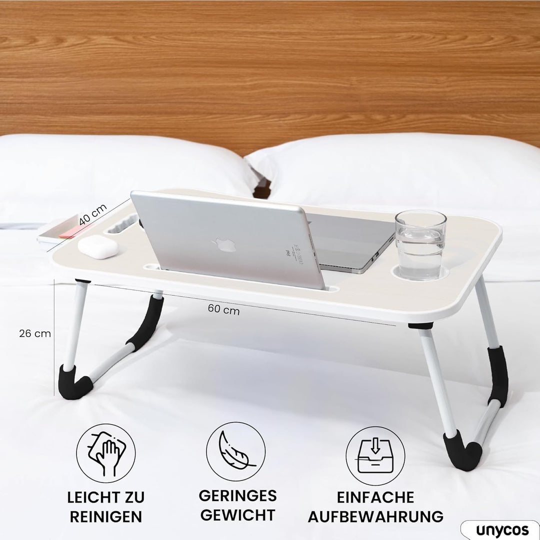 unycos - Betttablett Klappbar, Frühstückstablett mit Griff und Getränkehalter, Serviertisch, Ideal f