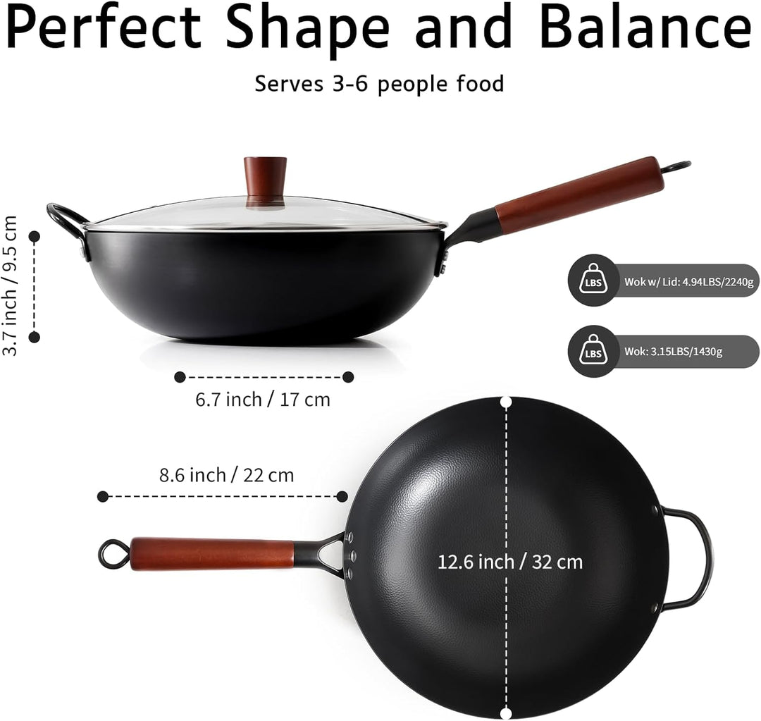Kordisen 32 cm Wok aus Kohlenstoffstahl mit Deckel, flacher Boden, natürlich antihaftbeschichtet, ge