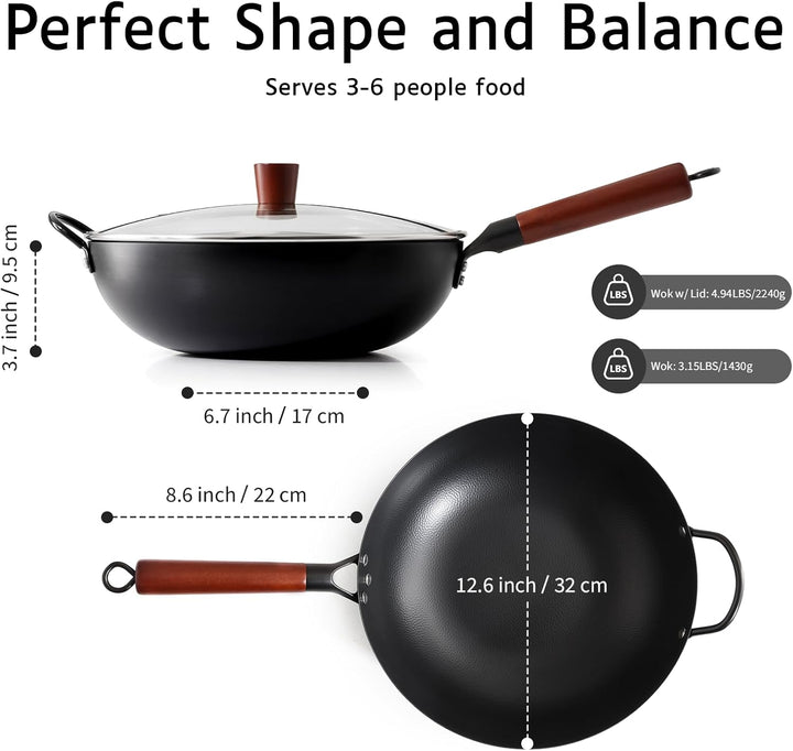 Kordisen 32 cm Wok aus Kohlenstoffstahl mit Deckel, flacher Boden, natürlich antihaftbeschichtet, ge