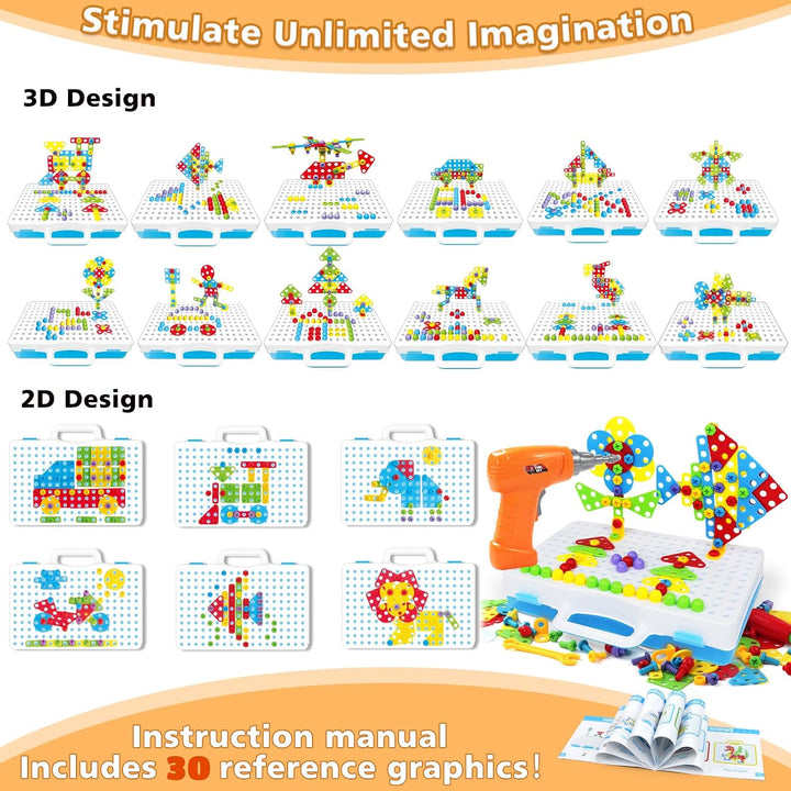 Steckspiel Spiele ab 3 Jahren Mosaik mit Elektrische Bohrmaschine, 3D Puzzle Montessori Spielzeug ab