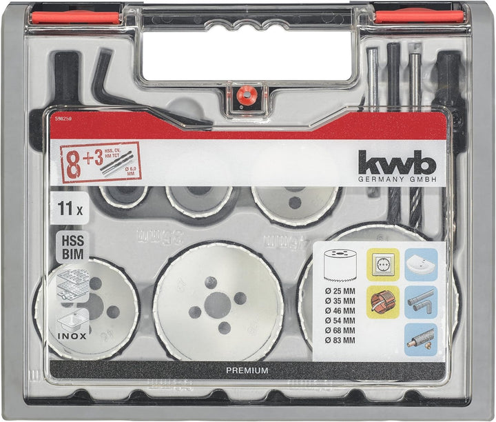 kwb 8 tlg. Lochsägen-Set mit Vario Zahnung, zusätzlich mit je einem 6 mm Holz-Bohrer, Metall-Bohrer