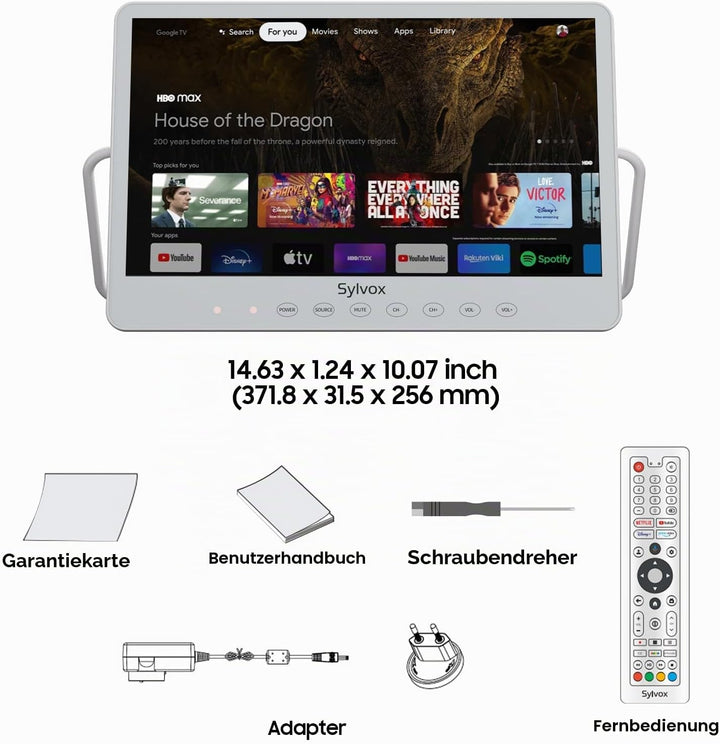 SYLVOX Tragbarer Fernseher 15,6 Zoll | Google TV, 10000 mAh Akku (6h Laufzeit) | IP66 Wasserdicht |