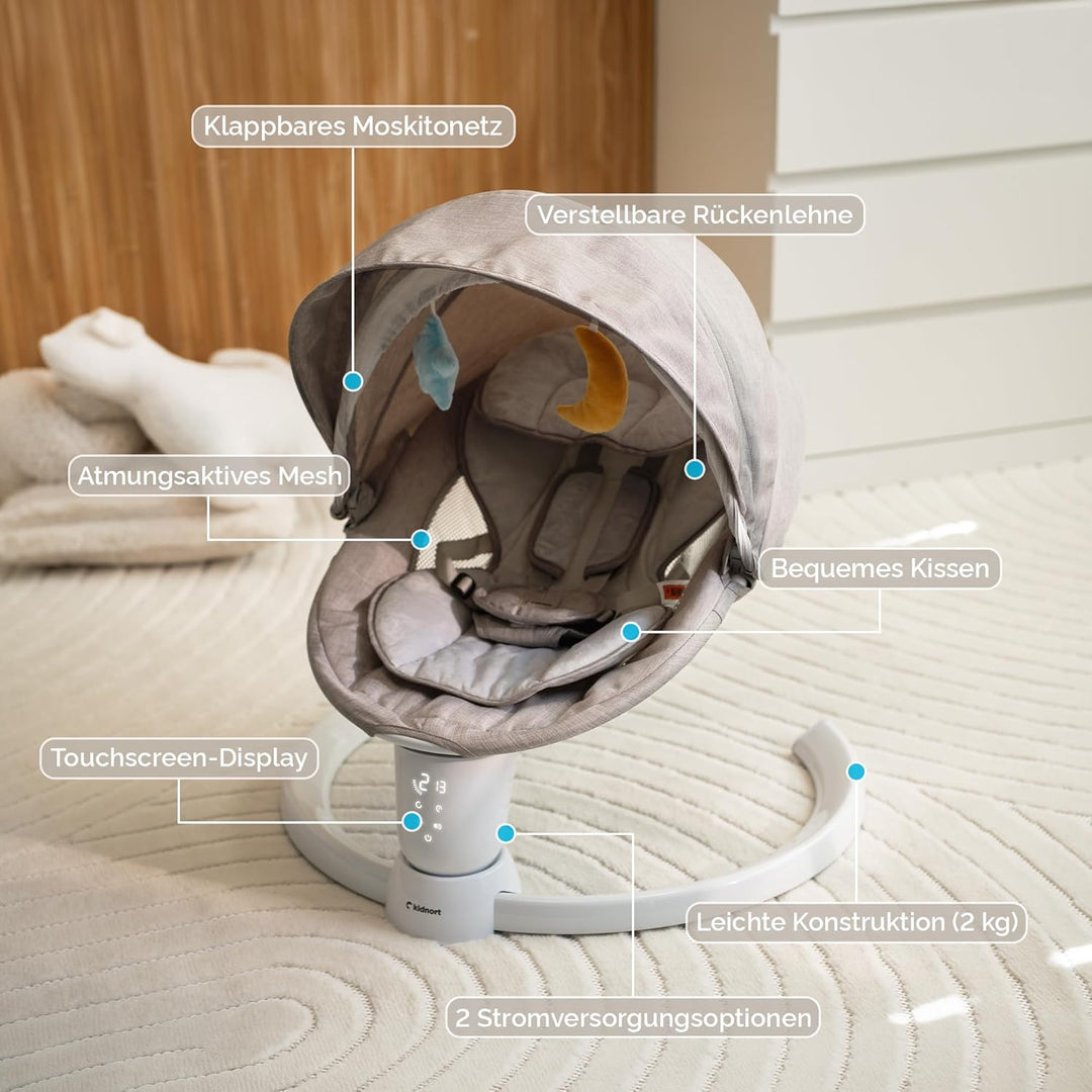 Drom Elektrische Babywippe für Kinder bis 9 kg, baby wippe mit Fernbedienung und Bluetooth, 5 Schauk