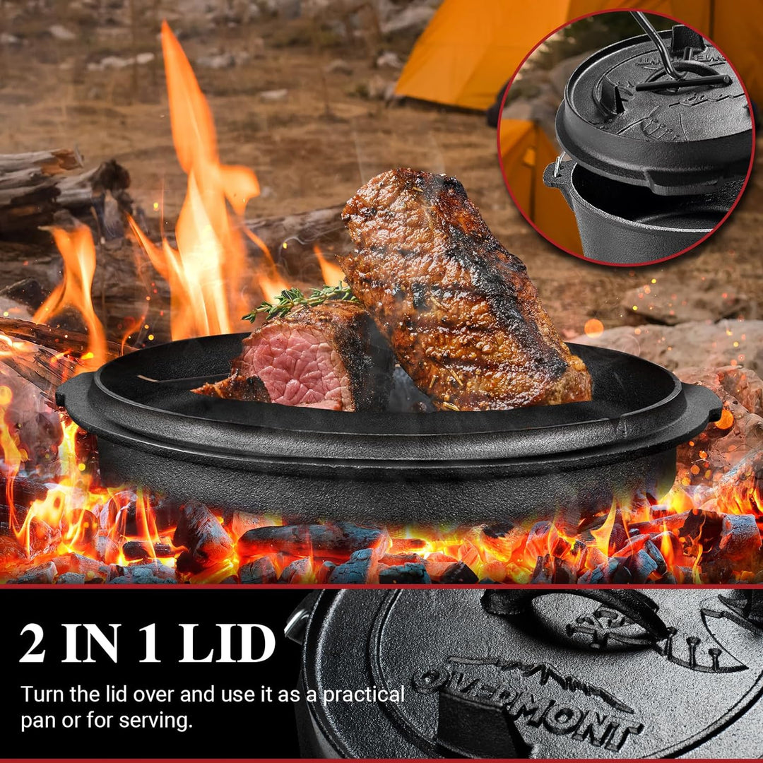 OVERMONT Dutch Oven Feuertopf Eingebrannter Gusseisen Kochtopf mit Füssen Doppelfunktion Deckel Deck