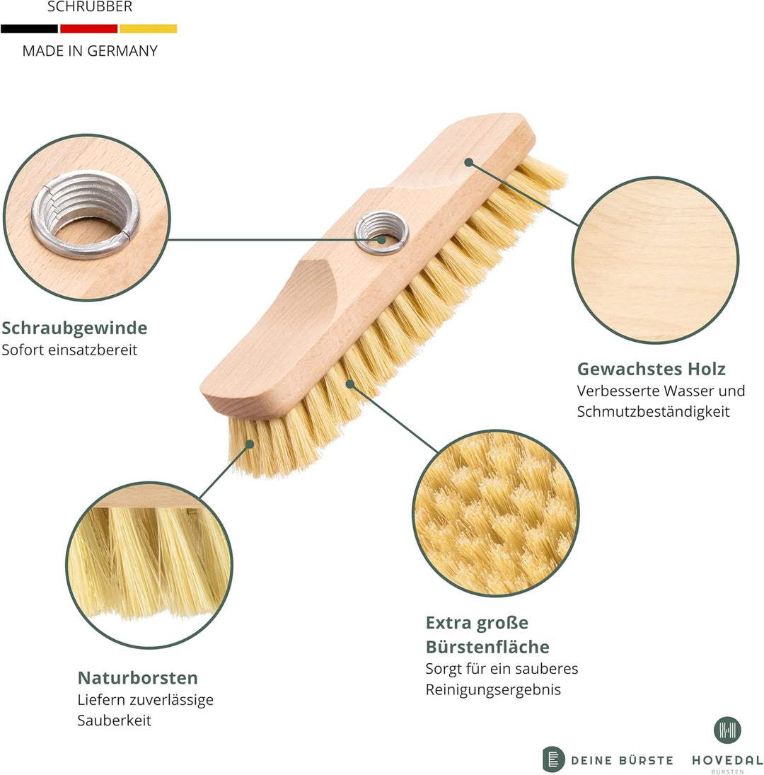 Schrubber, Schrupper aus Holz mit Naturborsten, Bodenbürste für Fliesen, Balkon, Terrasse, Garten, A