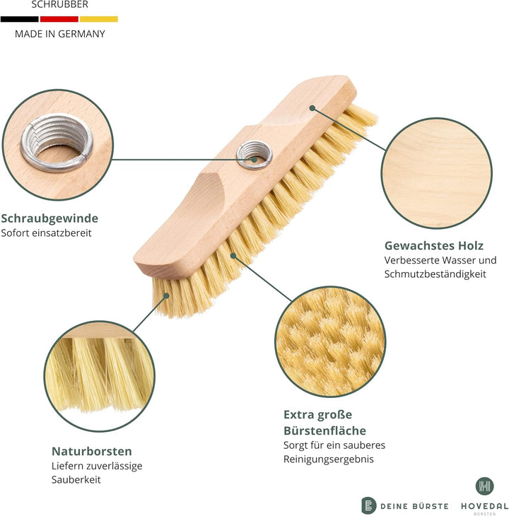 Schrubber, Schrupper aus Holz mit Naturborsten, Bodenbürste für Fliesen, Balkon, Terrasse, Garten, A