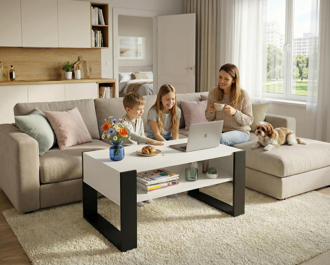 Wohnzimmer Tisch für Couch aus hochwertigem Holz, moderner Couchtisch mit zusätzlicher Ablagefläche,