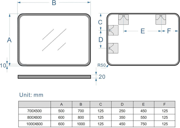 MIQU Badezimmerspiegel 70x50cm Badspiegel ohne Beleuchtung rechteckig Spiegel Schwarz Metallrahmen W