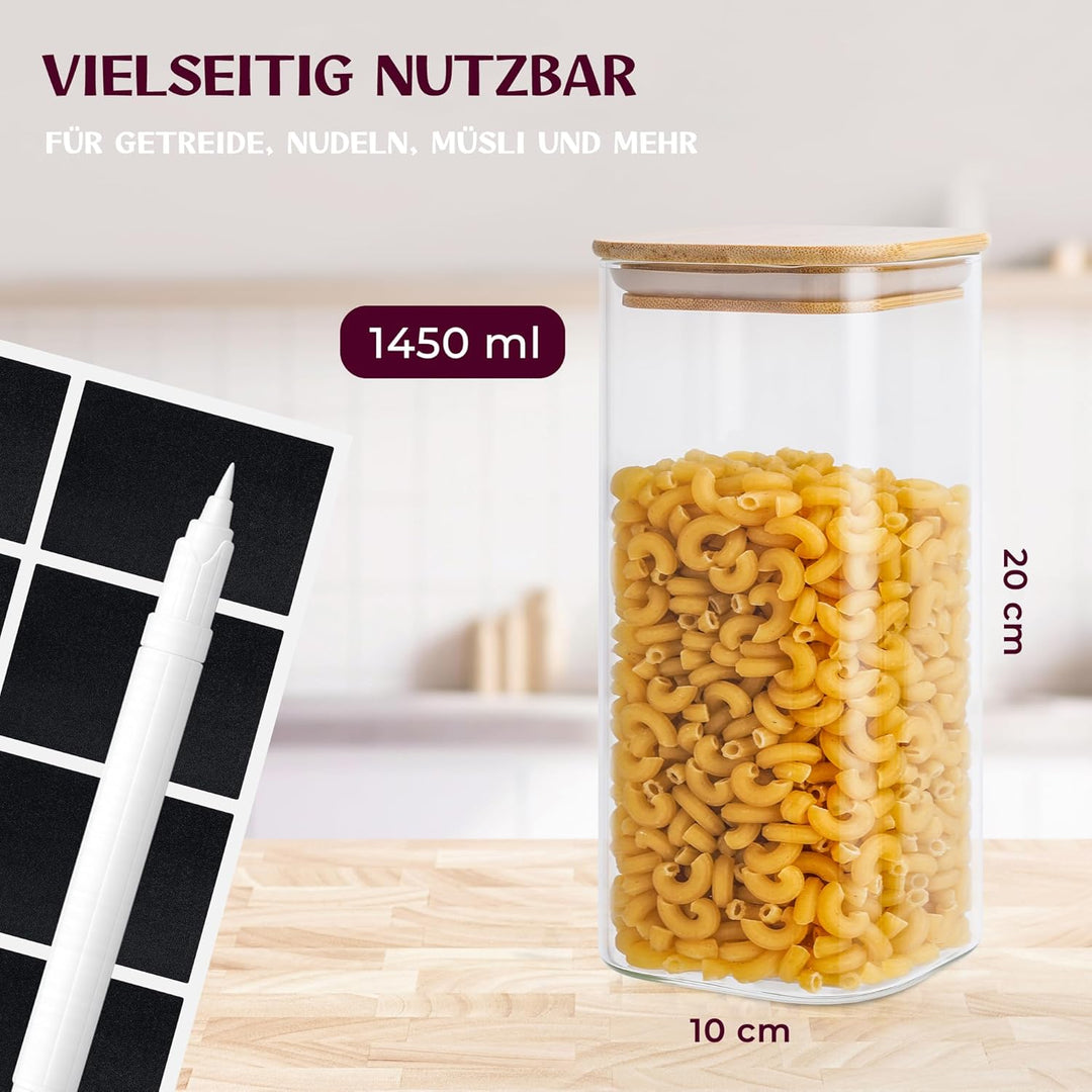 Vorratsgläser Set (6 x 1450 ml) Eckige Vorratsbehälter mit Holzdeckeln - 10x10x20 cm - Vorratsdosen