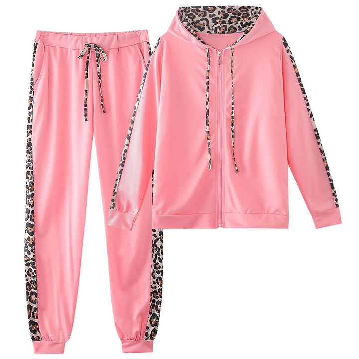 amropi Traingsanzug Damen Jogginganzug Leopard Kapuzenpullover Lange Ärmel Top + Hose Sportanzug 2 S