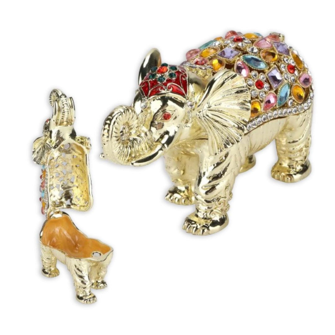 Handbemalte Emaille-Schmuckschatulle „Glücklicher Elefant“, mit Strasssteinen aufklappbare Schmucksc