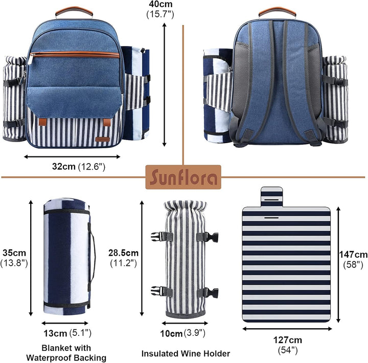 Sunflora Picknick Rucksack Set 2 Personen mit Isoliertem Kühlung und Decke, Picknickkorb 2 Personen
