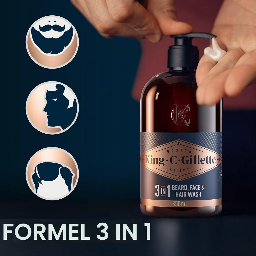 King C. Gillette Geschenkset mit Bart-, Gesichts- und Haarreiniger, 3 in 1, 350 ml und Bartcreme, 10