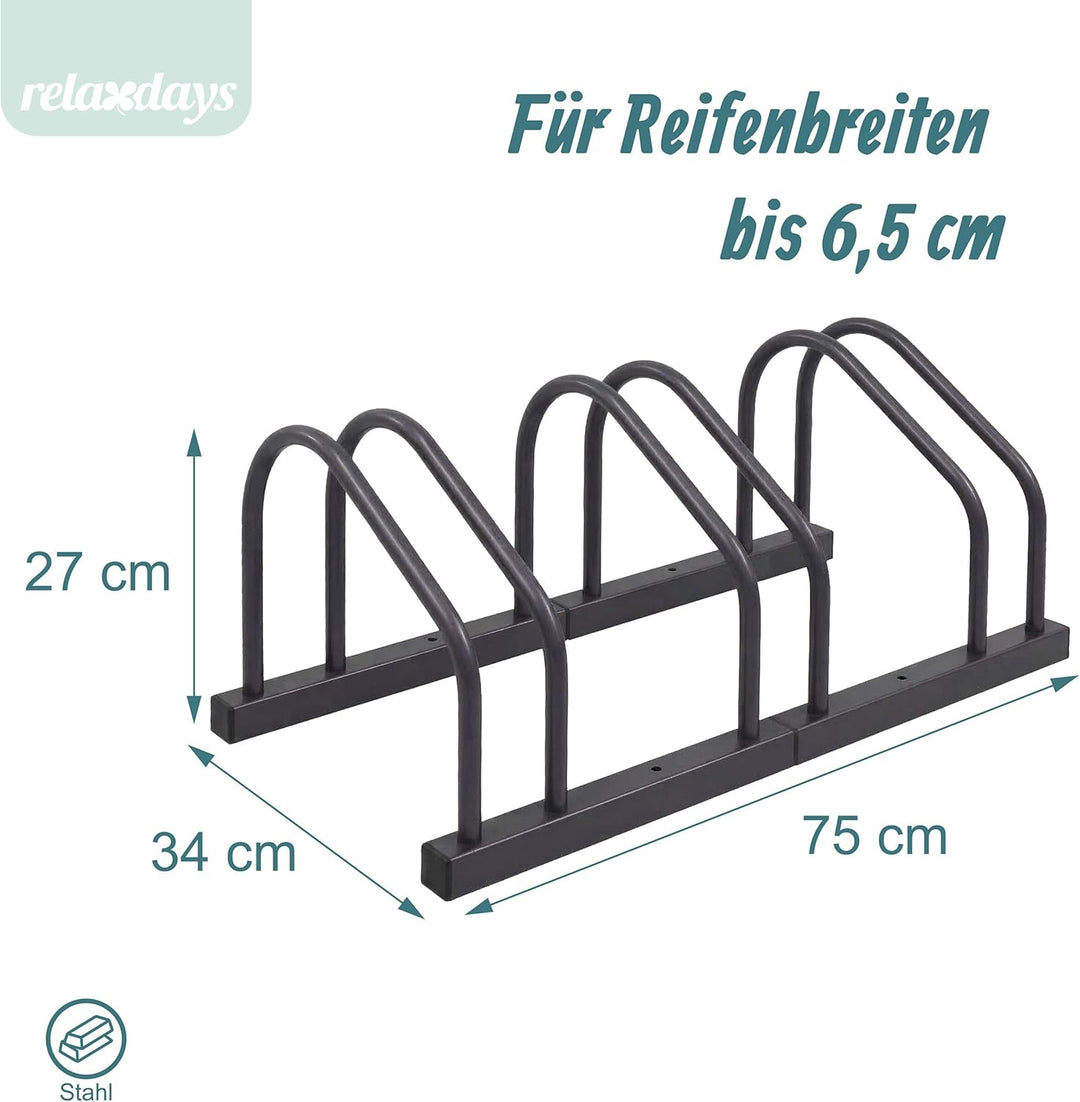 Relaxdays Fahrradständer Boden & Wandmontage, 3 Räder, bis 65 mm Reifenbreite, Garage, Reihenparker,