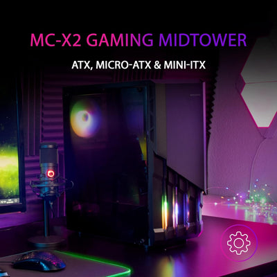 MarsGaming MC-X2 Schwarz, PC Gaming ATX Gehäuse, FRGB Stahlfront, 2 Lüfter 12cm FRGB, Volles Seitenf