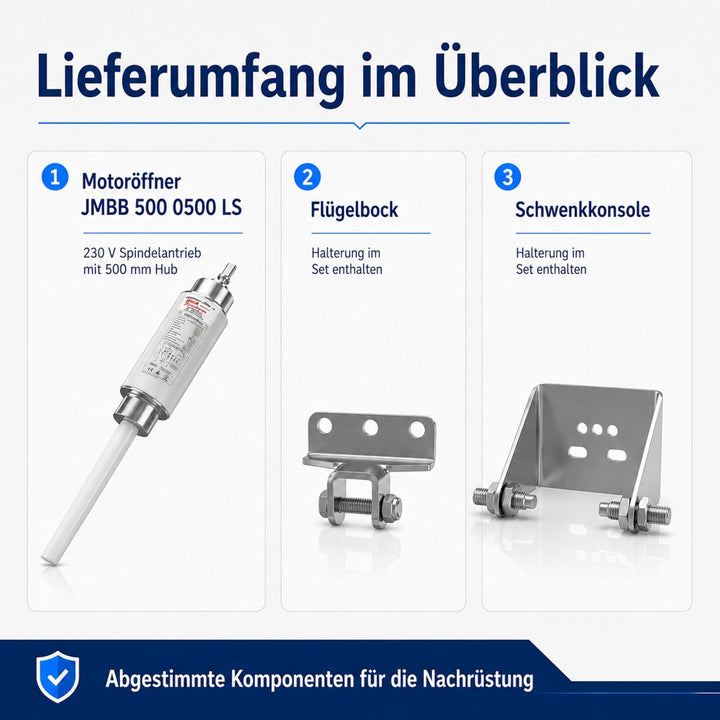 Motoröffner, Spindelantrieb Lichtkuppel 230V / 500mm HUB, JMBB 500-0500-LS mit Halterungen