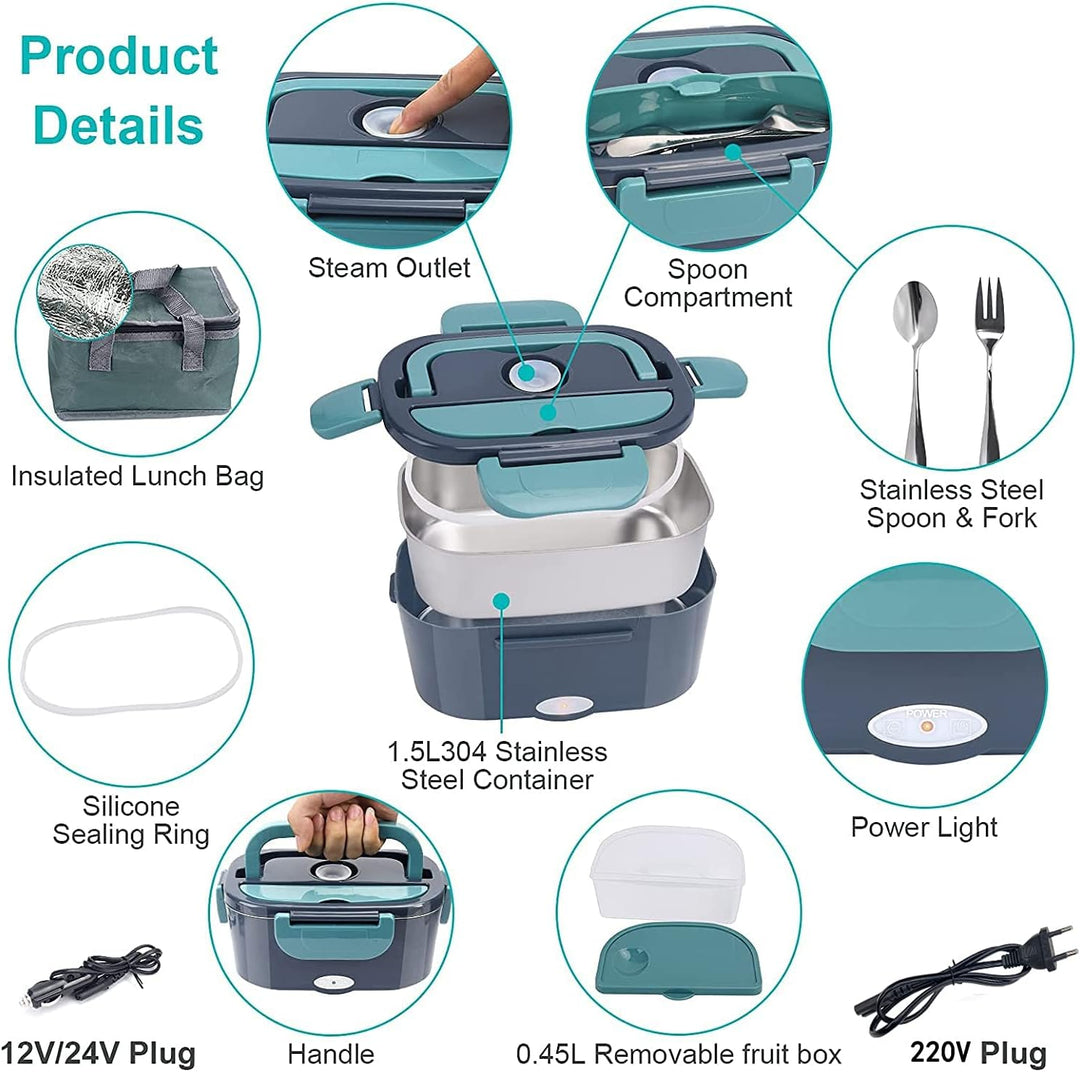 XREXS Elektrische Lunchbox, 3 In 1(12V/24V/220V) 60W 1,5L Speisenwärmer Auto, Edelstahl Lunchbox Ele
