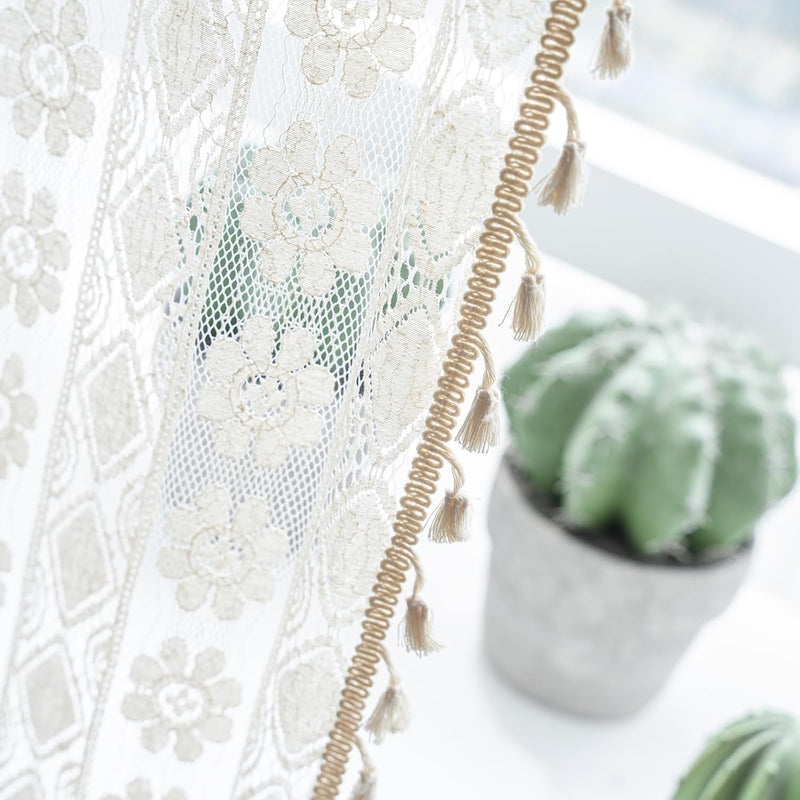 Freyamy 2er Set Gardinen Transparent Blumen Stickerei,Transluzente Vorhang Beige mit Stangendurchzug