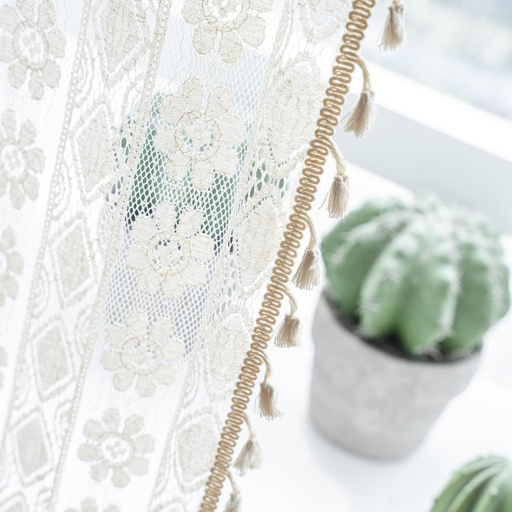 Freyamy 2er Set Gardinen Transparent Blumen Stickerei,Transluzente Vorhang Beige mit Stangendurchzug