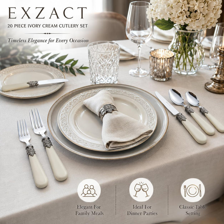 EXZACT Elfenbein Creme Besteck Set 20 Stück, Edelstahl mit detaillierten Griff, traditionelle, elega