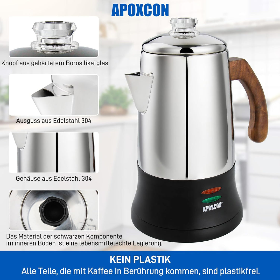 APOXCON Edelstahl18/8 (SS304) -Kaffeekanne (6 Tassen) – mit Sichtglas, Warmhaltefunktion & kordlosem