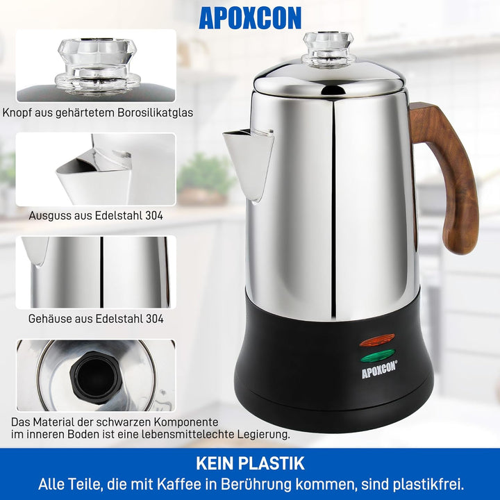 APOXCON Edelstahl18/8 (SS304) -Kaffeekanne (6 Tassen) – mit Sichtglas, Warmhaltefunktion & kordlosem